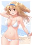  1girl :d beach bikini blonde_hair blue_sky blush bracelet breasts brown_eyes clouds collarbone day eyebrows_visible_through_hair hairband highres i-26_(kantai_collection) jewelry kantai_collection long_hair looking_at_viewer medium_breasts navel ocean open_mouth sand side-tie_bikini sky smile solo swimsuit two_side_up wamu_(chartreuse) white_bikini 