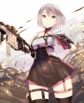  1girl asakiri_koko black_legwear breasts brown_eyes choker commentary explosive eyebrows fire girls_frontline gloves grenade looking_to_the_side short_hair skirt solo thigh-highs thighs vector_(girls_frontline) white_hair 