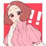  !! 1girl blush brown_eyes brown_hair commentary_request covering_mouth do_m_kaeru hand_on_own_face hand_over_own_mouth okumura_haru persona persona_5 pink_sweater ribbed_sweater short_hair solo sweater twitter_username upper_body 