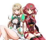  2girls armor bangs bare_shoulders blonde_hair blush breasts cleavage cleavage_cutout commentary covered_navel dress dual_persona earrings elbow_gloves eyebrows_visible_through_hair fingerless_gloves gem gloves hair_ornament headpiece highres mythra_(xenoblade) pyra_(xenoblade) jewelry kuro_hopper large_breasts long_hair looking_at_viewer multiple_girls nintendo pose red_eyes red_shorts redhead short_hair short_shorts shorts shoulder_armor simple_background smile swept_bangs thigh-highs tiara very_long_hair white_background white_dress xenoblade_(series) xenoblade_2 yellow_eyes 