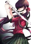  1girl @ artist_name bangs black_hair blunt_bangs commentary_request covered_mouth dangan_ronpa eyebrows_visible_through_hair from_side hair_ornament harukawa_maki holding holding_sword holding_weapon katana long_hair looking_at_viewer low_twintails mole mole_under_eye new_dangan_ronpa_v3 nyangorobei plaid plaid_skirt pleated_skirt red_eyes red_scrunchie red_shirt school_uniform scrunchie serafuku shirt simple_background skirt sleeves_rolled_up solo sword twintails very_long_hair weapon 