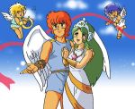  1boy 1girl 80s adult angel goddess green_hair harp kid_icarus lowres musical_note nintendo official_art orange_hair palutena pit ribbon wings 