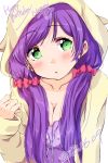  1girl 2018 :o blush breasts character_name cleavage dated eyebrows_visible_through_hair green_eyes happy_birthday highres hood hoodie long_hair long_sleeves looking_to_the_side love_live! love_live!_school_idol_project medium_breasts purple_hair sen_(sen0910) simple_background solo toujou_nozomi twintails upper_body white_background yellow_hoodie 