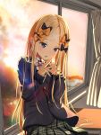  1girl abigail_williams_(fate/grand_order) bandaid_on_forehead bangs black_bow blazer blonde_hair blue_eyes blush bow bowtie classroom crossed_bandaids curtains desk fate/grand_order fate_(series) forehead hair_bow highres jacket long_hair long_sleeves looking_at_viewer open_mouth orange_bow parted_bangs plaid plaid_skirt pleated_skirt sakazakinchan school_uniform skirt solo sunset window 