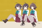  3girls ahoge asymmetrical_bangs bangs blue_neckwear blunt_bangs boots bow bowtie brown_eyes brown_hair closed_eyes cross-laced_footwear crossed_ankles dress english_text eyebrows_visible_through_hair fujinami_(kantai_collection) full_body grey_hair grey_legwear hair_ribbon hayanami_(kantai_collection) highres kantai_collection kishinami_(kantai_collection) knees_up lace-up_boots leg_hug long_hair long_sleeves miroku_san-ju multiple_girls open_mouth pantyhose pleated_dress ponytail purple_dress purple_hair ribbon school_uniform seamed_legwear shirt short_hair side-seamed_legwear side_ponytail sidelocks sleeveless sleeveless_dress smile thigh-highs v-shaped_eyebrows wavy_hair white_ribbon white_shirt yellow_background yellow_eyes 