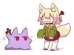  ._. 1girl :| animal_ear_fluff animal_ears bangs bell bell_collar blonde_hair blush brown_collar brown_footwear closed_mouth collar commentary_request creatures_(company) ditto eye_contact fox_ears fox_girl fox_tail game_freak gen_1_pokemon green_shirt hair_between_eyes hair_bun hair_ornament jingle_bell kemomimi-chan_(naga_u) long_sleeves looking_at_another naga_u nintendo orange_neckwear original pleated_skirt pokemon pokemon_(creature) purple_skirt red_eyes ribbon-trimmed_legwear ribbon_trim sailor_collar shadow shirt skirt sleeves_past_fingers sleeves_past_wrists standing tail thigh-highs transformed_ditto white_background white_legwear white_sailor_collar 