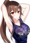  .live 1girl :&lt; armpits arms_behind_head arms_up bangs bare_arms bare_shoulders black_bra blue_shirt blush bra breasts brown_hair cleavage closed_mouth clothes_writing collarbone hair_between_eyes jersey lace lace-trimmed_bra large_breasts long_hair looking_at_viewer motsunuki ponytail red_eyes see-through shirt sidelocks simple_background sleeveless sleeveless_shirt solo sportswear sweat underwear upper_body virtual_youtuber wet wet_clothes wet_shirt white_background yaezawa_natori 