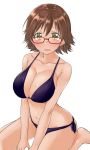 1girl aimobake bangs bare_arms bare_shoulders barefoot bespectacled between_legs bikini black_bikini blush breasts brown_hair cleavage collarbone commentary_request glasses hair_between_eyes highres honda_mio idolmaster idolmaster_cinderella_girls large_breasts looking_at_viewer navel parted_lips red-framed_eyewear shiny shiny_hair short_hair side-tie_bikini simple_background sitting solo stomach sweat swimsuit thighs wariza white_background yellow_eyes 