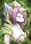  1girl absurdres animal_ear_fluff animal_ears armor breasts cleavage close-up closed_mouth collarbone colored_eyelashes ears eyebrows eyelashes face fur_collar furry highres horn kameloh legend_of_mana long_hair looking_away looking_to_the_side profile purple_hair seiken_densetsu shoulder_armor sierra solo thick_eyebrows upper_body violet_eyes wolf_ears wolf_girl 