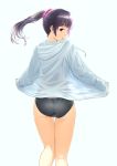  1girl ass black_hair black_panties commentary facing_away hands_in_pockets highres hood hoodie looking_at_viewer looking_back no_pants open_clothes open_shirt original panties ponytail puriketsu_corgy scrunchie solo underwear violet_eyes white_background wrinkles 