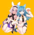  2girls animal_ears ankle_ribbon bangs bare_shoulders bell bell_collar black_bow black_legwear black_neckwear blue_eyes blue_hair blush borrowed_character bow breasts collar commentary cross-laced_clothes denim detached_sleeves dress english_commentary eyebrows_visible_through_hair fangs flat_chest from_above gloves hairband highres holding_arms hoshi_usagi jeans kneeling long_hair long_sleeves looking_at_viewer medium_breasts medium_hair midriff multiple_girls necktie open_mouth original pants paw_gloves paws ribbon ribbon-trimmed_sleeves ribbon_trim shirt short_shorts shorts simple_background sleeveless sleeveless_dress sleeveless_shirt sleeves_past_fingers sleeves_past_wrists smile strapless strapless_dress thigh-highs thigh_strap violet_eyes waving white_dress white_hair white_legwear white_shirt yellow_background 