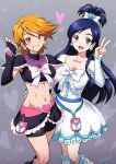  2girls arm_warmers blue_eyes blue_hair breasts cleavage cure_black cure_white dress earrings futari_wa_precure grin heart jewelry joy_ride long_hair looking_at_viewer magical_girl medium_breasts midriff misumi_nagisa multiple_girls navel open_mouth orange_hair precure short_hair shorts shorts_under_skirt signature smile standing thumbs_up v white_dress yellow_eyes yukishiro_honoka 