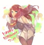  1girl 2019 alternate_costume arms_behind_back bare_shoulders birthday blazblue blue_eyes blush breasts cowboy_shot english_text flower hair_flower hair_ornament hair_tubes happy_birthday hyakuhachi_(over3) it leaning_forward leggings long_hair looking_at_viewer medium_breasts necktie simple_background solo standing tsubaki_yayoi uniform 
