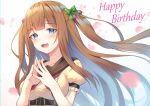  .live 1girl :d alexmaster belt black_sailor_collar blue_eyes blush breasts brown_hair brown_shirt collarbone commentary_request floating_hair green_ribbon hair_bobbles hair_ornament hair_ribbon happy_birthday kakyouin_chieri long_hair looking_at_viewer medium_breasts neckerchief open_mouth own_hands_together petals puffy_short_sleeves puffy_sleeves red_neckwear ribbon sailor_collar shirt short_sleeves sidelocks smile solo steepled_fingers taut_clothes taut_shirt two_side_up upper_body virtual_youtuber white_background 