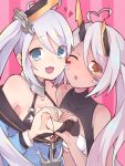  2girls :3 :o ahoge anchor azur_lane bandeau bare_shoulders black_bikini_top black_gloves blue_eyes blue_shirt breasts cheek-to-cheek cleavage collarbone dark_skin facepaint front-tie_top gloves half_gloves heart heart-shaped_pupils heart_ahoge heart_hands heart_hands_duo highres indianapolis_(azur_lane) large_breasts long_hair long_sleeves looking_at_viewer medium_breasts multiple_girls off_shoulder open_mouth orange_eyes partly_fingerless_gloves pink_background portland_(azur_lane) sawara_(starligtvision) shirt side_ponytail silver_hair smile symbol-shaped_pupils twintails under_boob very_long_hair 