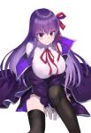  1girl bb_(fate)_(all) bb_(fate/extra_ccc) black_legwear bow breasts fate/extra fate/extra_ccc fate/grand_order fate_(series) gloves hair_ribbon highres jjeono large_breasts long_hair purple_hair ribbon sitting thigh-highs violet_eyes white_background 