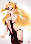  1girl bangs bare_shoulders blonde_hair blush breasts brown_eyes cleavage commentary commentary_request ereshkigal_(fate/grand_order) fate/grand_order fate_(series) glasses long_hair looking_at_viewer medium_breasts murio open_mouth parted_bangs red_ribbon revealing_clothes ribbon solo standing twintails 