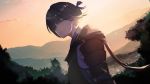  :d absurdres arm_at_side black_hair bush closed_eyes clouds dutch_angle facing_viewer highres inna_the_queen_of_the_ruined_country open_mouth outdoors pixiv_fantasia_last_saga short_hair smile sunset 