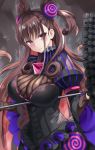  1girl 666_(ro_ro_ro3) absurdres black_dress breasts brown_hair closed_mouth double_bun dress expressionless fate/grand_order fate_(series) frills grey_background hair_ornament highres holding holding_umbrella large_breasts long_hair looking_at_viewer murasaki_shikibu_(fate) pinstripe_pattern side_ponytail solo striped umbrella upper_body violet_eyes 