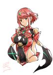  1girl arms_behind_back bangs blush breasts covered_navel highres pyra_(xenoblade) large_breasts looking_at_viewer nintendo red_eyes redhead shikishima_gangu shoulder_armor sidelocks simple_background smile solo swept_bangs tiara white_background xenoblade_(series) xenoblade_2 