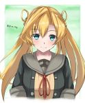  1girl abukuma_(kantai_collection) black_jacket blonde_hair blue_eyes disconnected_mouth double_bun grey_sailor_collar hair_between_eyes hair_rings highres jacket kantai_collection long_hair looking_at_viewer neck_ribbon red_ribbon remodel_(kantai_collection) ribbon sailor_collar saplus school_uniform serafuku short_sleeves smile solo twitter_username upper_body 