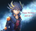  1boy 2017 black_shirt blue_eyes blue_hair blue_jacket collarbone dated facial_mark fudou_yuusei hair_between_eyes hands_on_hips happy_birthday highlights jacket looking_at_viewer male_focus mitsucho multicolored_hair open_clothes open_jacket print_shirt shirt sky smile solo spiky_hair star_(sky) starry_sky two-tone_hair upper_body yuu-gi-ou yuu-gi-ou_5d&#039;s 