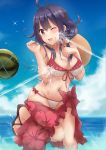 1girl beach bikini blue_sky breasts cleavage clouds collarbone cowboy_shot day food frilled_bikini frills front-tie_top fruit groin hat hat_removed headwear_removed horizon k_jie kantai_collection low_twintails medium_breasts navel ocean outdoors purple_hair red_eyes remodel_(kantai_collection) ryuuhou_(kantai_collection) sarong sky solo splashing squirting standing standing_on_one_leg sun_hat swimsuit taigei_(kantai_collection) twintails water watermelon 
