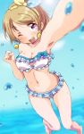  1girl ;d armpits bikini blue_sky blurry breasts brown_hair clouds earrings hair_ornament hairclip highres jewelry koizumi_hanayo love_live! love_live!_school_idol_project medium_breasts navel one_eye_closed open_mouth pink_eyes self_shot sen_(sen0910) short_hair sky smile solo swimsuit yellow_earrings 