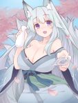  1girl :d alcohol animal_ear_fluff animal_ears bangs bare_shoulders blue_kimono blush borrowed_character bottle breasts byakusen_(amabiko_kote) cherry cherry_blossoms cleavage collarbone cup day dripping eyebrows_visible_through_hair food fox_ears fox_girl fox_tail fruit highres japanese_clothes kimono large_breasts long_hair looking_at_viewer multiple_tails nose_blush obi off_shoulder open_mouth original outdoors petals sakazuki sake sake_bottle sash sawara_(starligtvision) silver_hair sky smile solo tail tokkuri very_long_hair violet_eyes 