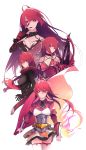  4girls absurdres ahoge armor bangs bare_shoulders belt black_bodysuit black_choker black_gloves black_neckwear bloody_queen_(elsword) bodysuit breasts cape choker cleavage clenched_hand crimson_avenger_(elsword) dark_knight_(elsword) dress elesis_(elsword) elsword evolution gloves hair_between_eyes highres long_hair looking_at_viewer medium_breasts multiple_girls multiple_persona ponytail red_cape red_dress red_eyes red_scarf red_shirt redhead scarf shiliuye_feiyu shirt simple_background skirt thigh-highs very_long_hair weapon white_background white_legwear white_skirt 