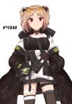  1girl blonde_hair character_name choker commentary cowboy_shot double_bun gas_mask girls_frontline hair_bun hands_in_pockets highres jacket looking_at_viewer magazine_(weapon) military_operator p90_(girls_frontline) pouch red_eyes skirt smile tactical_clothes thigh-highs thigh_strap unnamed 