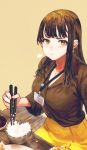  1girl black_hair bowl brown_eyes chopsticks eating food holding holding_chopsticks jun_(seojh1029) long_hair original pout sitting solo 