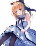  1girl :d absurdres ahoge artoria_pendragon_(all) bangs bare_arms bare_shoulders black_bow blue_eyes blush bow breasts brown_hair brown_legwear cleavage commentary_request dress eyebrows_visible_through_hair fate/unlimited_codes fate_(series) frilled_dress frills hair_between_eyes hair_bow head_tilt high_ponytail highres long_hair looking_at_viewer medium_breasts open_mouth pantyhose ponytail saber_lily simple_background sitting sleeveless sleeveless_dress smile solo suisen-21 white_background white_dress 