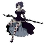  1girl afuro_(did) breasts chrome_dokuro commentary_request dress eyepatch heart katekyo_hitman_reborn looking_at_viewer lowres polearm purple_hair short_hair simple_background skull solo thigh-highs trident unmoving_pattern violet_eyes weapon white_background 