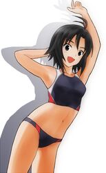  antenna_hair arm_up armpits bikini_bottom black_hair brown_eyes drop_shadow dutch_angle hand_behind_head idolmaster idolmaster_(classic) idolmaster_2 kikuchi_makoto light_blush looking_at_viewer midriff minato_kazumi navel open_mouth simple_background stretch swimsuit tankini white_background 