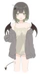  1girl :o arm_at_side black_wings blush_stickers brown_camisole brown_hair camisole commentary_request demon_girl demon_tail demon_wings drawstring green_eyes green_hair grey_jacket hair_ornament hairclip highres holding hood hood_down hooded_jacket jacket long_sleeves mafuyu_(chibi21) multicolored_hair no_pants off_shoulder open_clothes open_jacket open_mouth original sleeves_past_fingers sleeves_past_wrists solo streaked_hair tail twitter_username two-tone_hair wing_hair_ornament wings x_hair_ornament 