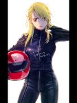  1girl alternate_costume alternate_hairstyle black_gloves blonde_hair bodysuit breasts brown_eyes cowboy_shot expressionless fullmetal_alchemist gloves hanayama_(inunekokawaii) hand_in_hair helmet holding holding_helmet leather long_hair looking_away medium_breasts motorcycle_helmet pillarboxed riza_hawkeye simple_background solo standing translation_request upper_body white_background 