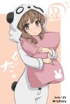  1girl animal_costume animal_ears artist_name azusagawa_kaede blush bow brown_eyes brown_hair closed_mouth dated eyebrows_visible_through_hair hair_ornament highres hood long_hair looking_at_viewer open_mouth panda_costume pillow pillow_hug pink_background seishun_buta_yarou short_hair smile user_vaut5744 