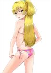  1girl :o ass bangs bare_shoulders bikini blonde_hair blush character_request commentary_request copyright_request eyebrows_visible_through_hair from_behind green_eyes hair_ornament long_hair looking_at_viewer ponytail shiroyukimajima simple_background solo swimsuit upper_teeth white_background 