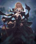  1girl artoria_pendragon_(all) bangs black_dress black_ribbon blonde_hair braid breasts character_name cleavage closed_mouth collarbone dark_excalibur dark_persona dress fate/grand_order fate/stay_night fate_(series) french_braid gothic_lolita hair_bun halter_dress hand_on_hip highres lolita_fashion long_sleeves looking_at_viewer medium_breasts puffy_sleeves ribbon saber_alter solo standing sword und0 weapon yellow_eyes 