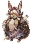  1other :3 animal_ears backpack bag baggy_pants bangs blush chobi_(sakuyasakuhana) claws commentary_request ears_through_headwear fang full_body furry hair_rings helmet horns long_hair made_in_abyss nanachi_(made_in_abyss) nose_blush open_mouth pants pouch rabbit_ears scroll sidelocks silver_hair simple_background smile solo standing tail tied_hair very_long_hair whisker_markings white_background yellow_eyes 