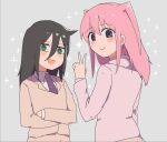  2girls black_hair blazer blush hood hoodie jacket kuroki_tomoko long_hair multiple_girls necktie nemoto_hina pink_hair smile two_side_up v watashi_ga_motenai_no_wa_dou_kangaetemo_omaera_ga_warui! 