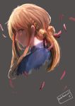  1girl absurdres blonde_hair blue_eyes blue_jacket braid closed_mouth commentary english_commentary falling_petals grey_background hair_between_eyes hair_intakes hair_ribbon highres jacket long_hair looking_to_the_side matokunewa red_ribbon ribbon sidelocks violet_evergarden violet_evergarden_(character) 