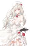  1girl absurdres assault_rifle bangs bare_shoulders blush breasts bridal_veil buttons cleavage closed_mouth commentary cowboy_shot detached_collar dress elbow_gloves flower g36c_(girls_frontline) garter_straps girls_frontline gloves gun h&amp;k_g36 hair_over_one_eye hand_on_own_chest hand_up highres large_breasts long_hair looking_at_viewer object_namesake red_eyes red_flower rifle rose ru_zhai silver_hair simple_background smile solo standing thigh-highs veil weapon weapon_on_back wedding_dress white_background white_dress white_gloves white_legwear 