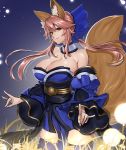 1girl animal_ear_fluff animal_ears blue_kimono breasts choker cleavage commentary_request ears_through_headwear eyebrows_visible_through_hair fate/extra fate/extra_ccc fate/grand_order fate_(series) fox_ears fox_girl fox_tail grass hair_ribbon highres japanese_clothes kimono large_breasts long_hair long_sleeves night night_sky orb outdoors pink_hair ribbon shirofugu sky smile solo tail tamamo_(fate)_(all) tamamo_no_mae_(fate) thigh-highs yellow_eyes 