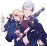  1boy 1girl black_gloves blonde_hair carrying crossover devil_may_cry devil_may_cry_5 fate/extra fate_(series) gloves green_eyes gun highres holding jacket jewelry mechanical_arm midriff necklace nero_(devil_may_cry) nero_claudius_(fate) nero_claudius_(fate)_(all) one_eye_closed pointing princess_carry shorts single_glove smile thigh-highs thighs ultra_asuka weapon white_hair 