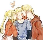  &gt;_&lt; 1girl 2boys ^_^ alphonse_elric apron blonde_hair blush blush_stickers brothers closed_eyes closed_eyes commentary_request edward_elric embarrassed eyebrows_visible_through_hair fullmetal_alchemist hand_on_another&#039;s_arm hand_on_another&#039;s_head heart height_difference hood hood_down hooded_jacket hoodie jacket long_hair long_sleeves looking_away multiple_boys nervous ponytail profile sandwiched short_hair siblings simple_background standing sweatdrop tsukuda0310 upper_body v-shaped_eyebrows white_background wide-eyed winry_rockbell yellow_eyes 