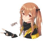  1girl armband brown_eyes brown_hair character_name commentary commentary_request eyebrows eyebrows_visible_through_hair fingerless_gloves girls_frontline gloves hair_ornament hair_ribbon hairclip looking_at_viewer ribbon scar scar_across_eyes simple_background smile solo twintails ump9_(girls_frontline) unnamed v 