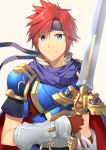  1boy absurdres armor blue_armor blue_eyes cape fire_emblem fire_emblem:_fuuin_no_tsurugi headband highres looking_at_viewer male_focus nintendo redhead roy_(fire_emblem) smile solo sword weapon yappen 