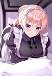  1girl apron blonde_hair blue_eyes blush commentary gloves huyumitsu leaning_forward looking_at_viewer maid maid_apron maid_headdress original ponytail solo white_gloves 
